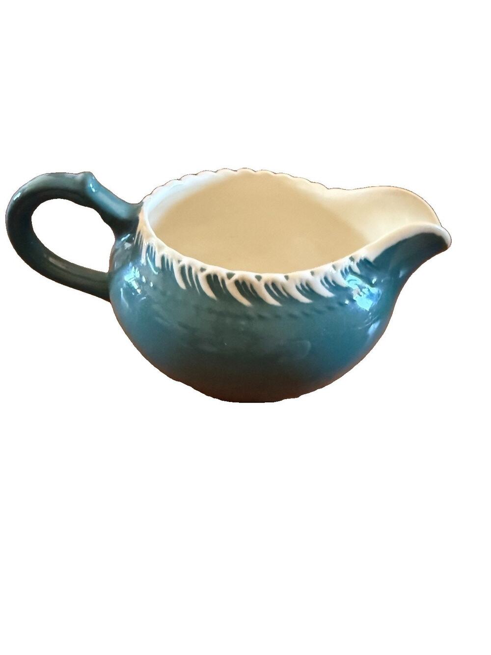Vtg Harker Pottery Pate Sur Pate Ware Teal Green Ceramic Creamer USA Pitcher